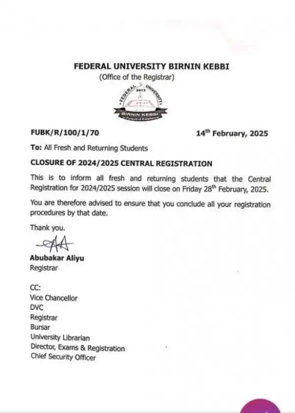 FUBK notice on deadline for registration, 2024/2025