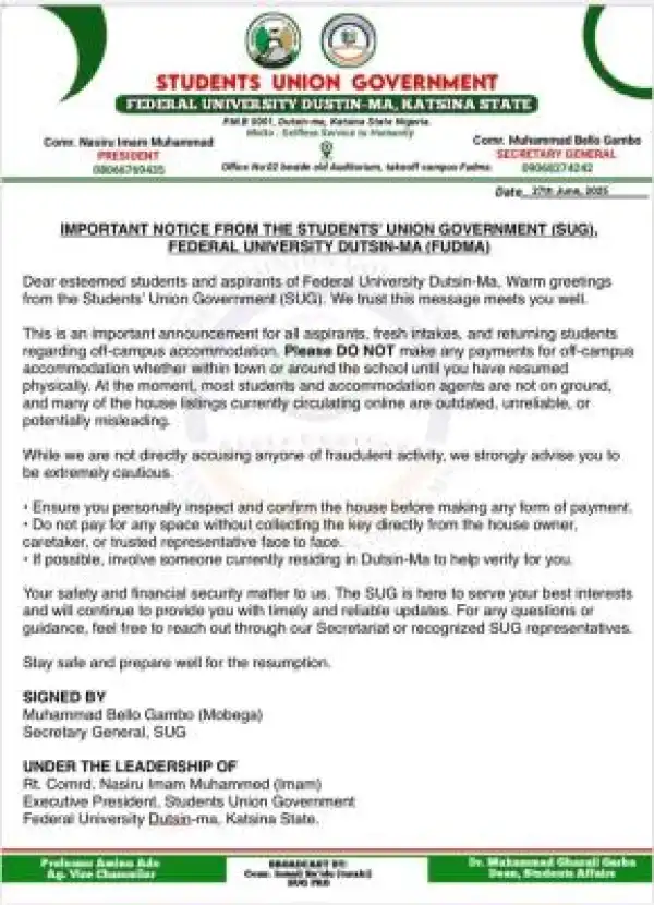 FUDUTSIN-MA SUG issues important notice to fresh & returning students