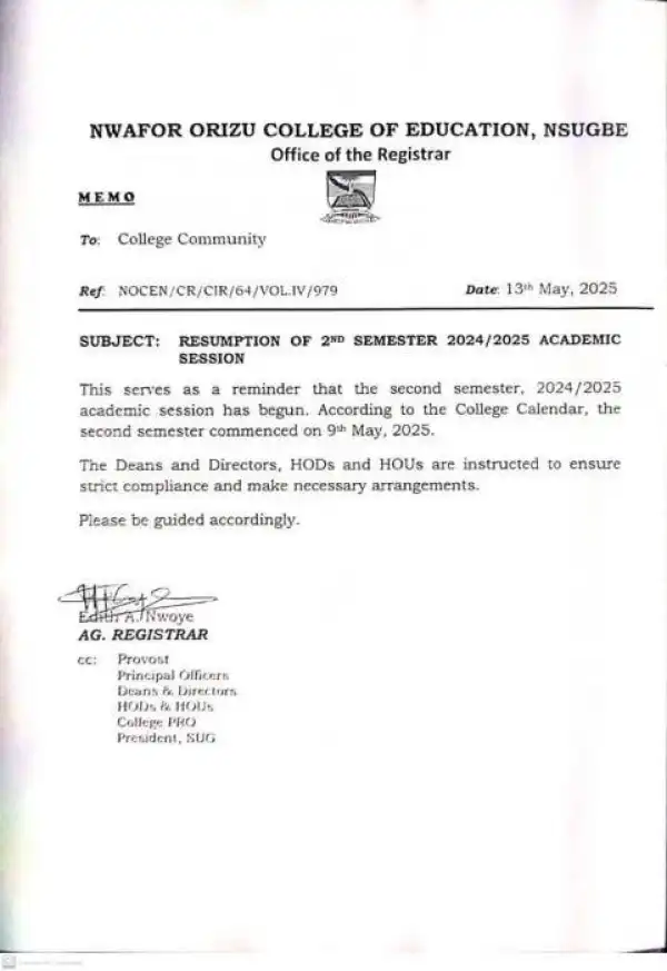 NOCEN 2nd semester resumption, 2024/2025