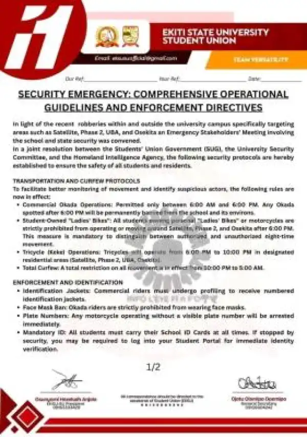 EKSU SUG imposes night Curfew following spate of hostel robberies