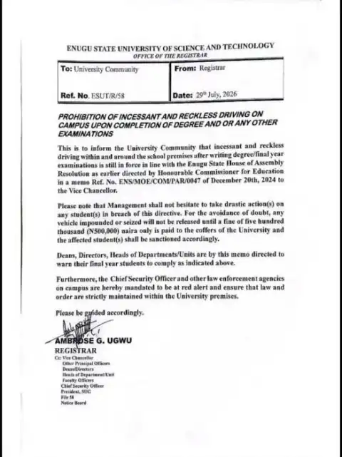 ESUT bans reckless driving on campus