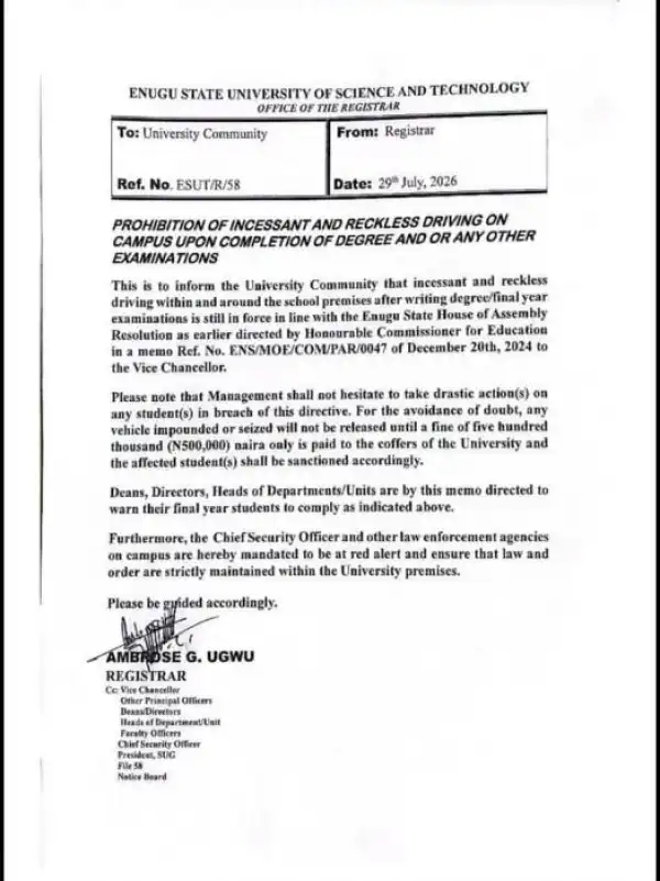 ESUT bans reckless driving on campus