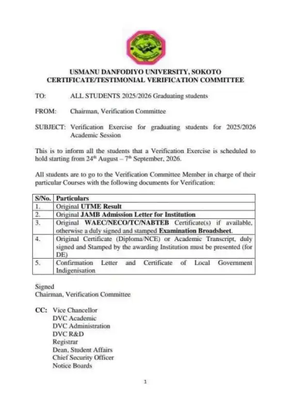 UDUS announces commencement of certificate verification for finalists and graduates