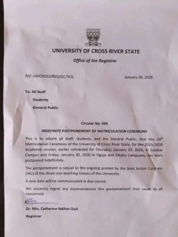 UNICROSS Postpones 24th Matriculation Ceremony Indefinitely