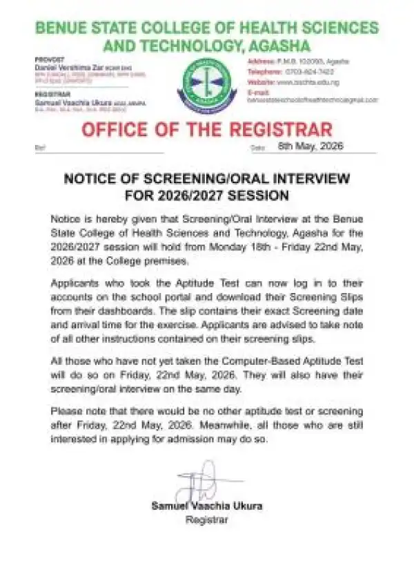 Benue State College of Health Sciences & Tech. Agasha notice of screening/oral interview, 2026/2027