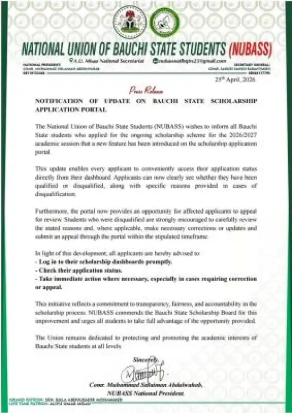 NUBASS notice regarding changes on the Bauchi State Scholarship Portal