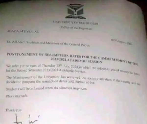 UNIMAID postpones 2nd semester resumption date, 2023/2024