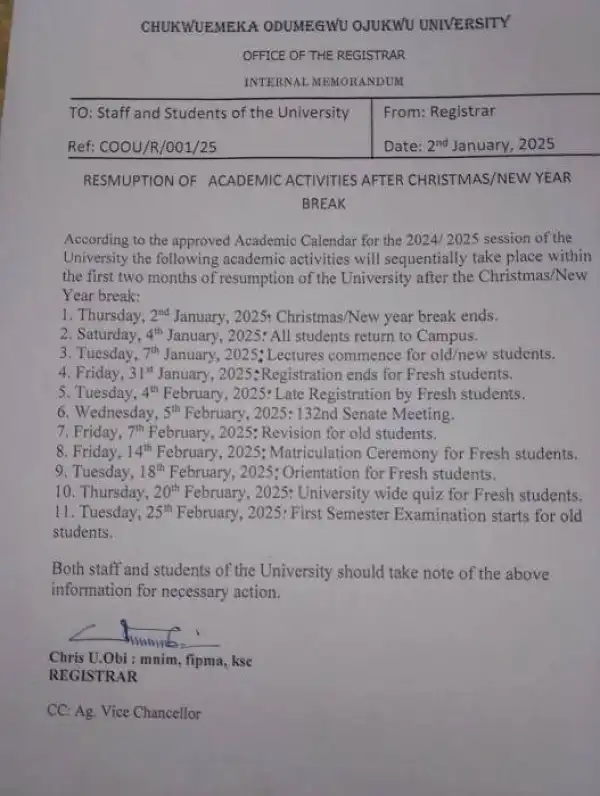 COOU announces resumption of academic activities for the 2024/2025 session