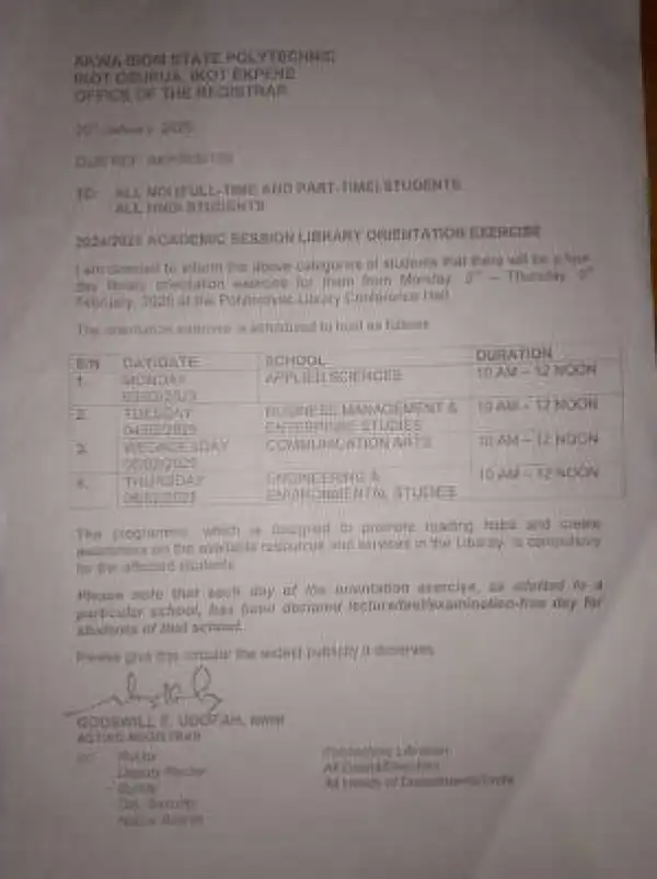 Akwa Ibom State Poly library orientation schedule