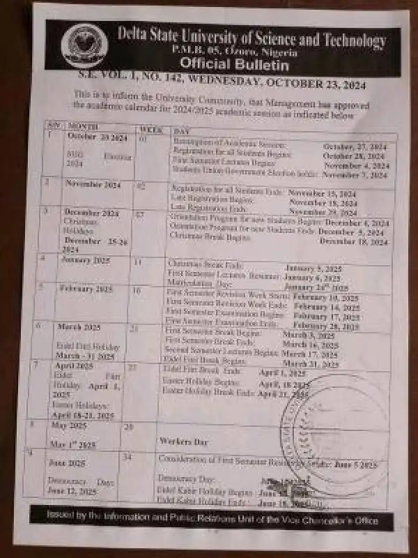 DSUST releases approved academic calendar, 2024/2025