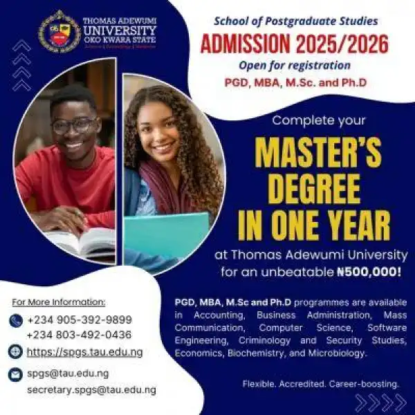 Thomas Adewumi University School of Postgraduate Admission form, 2025/2026