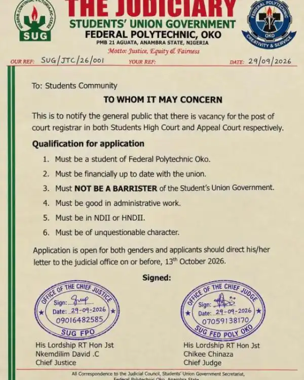 Fed Poly Oko SUG announces vacancy
