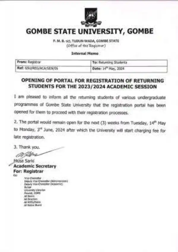 GOMSU notice to returning students on opening of registration portal for 2023/2024 session