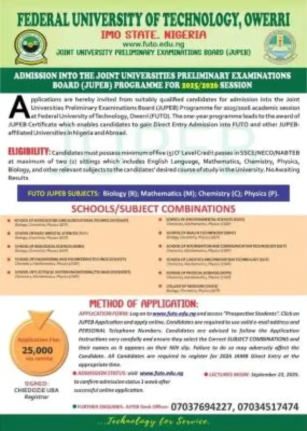 FUTO JUPEB Admission form, 2025/2026