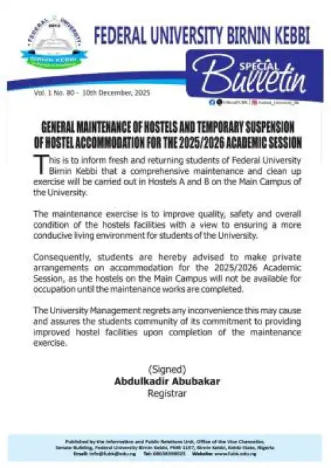 FUBK announces hostel Maintenance and suspension of hostel accommodation for 2025/2026 Session