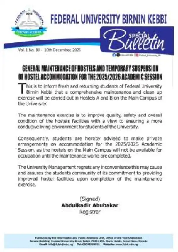 FUBK announces hostel Maintenance and suspension of hostel accommodation for 2025/2026 Session