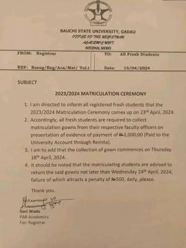 BASUG announces Matriculation ceremony for 2023/2024 session