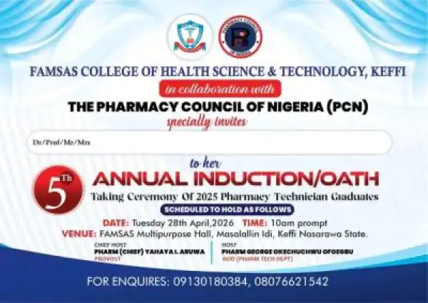 FAMSAS College of Health Science & Tech. 5th Annual Induction of Pharmacy technician graduates, 2025