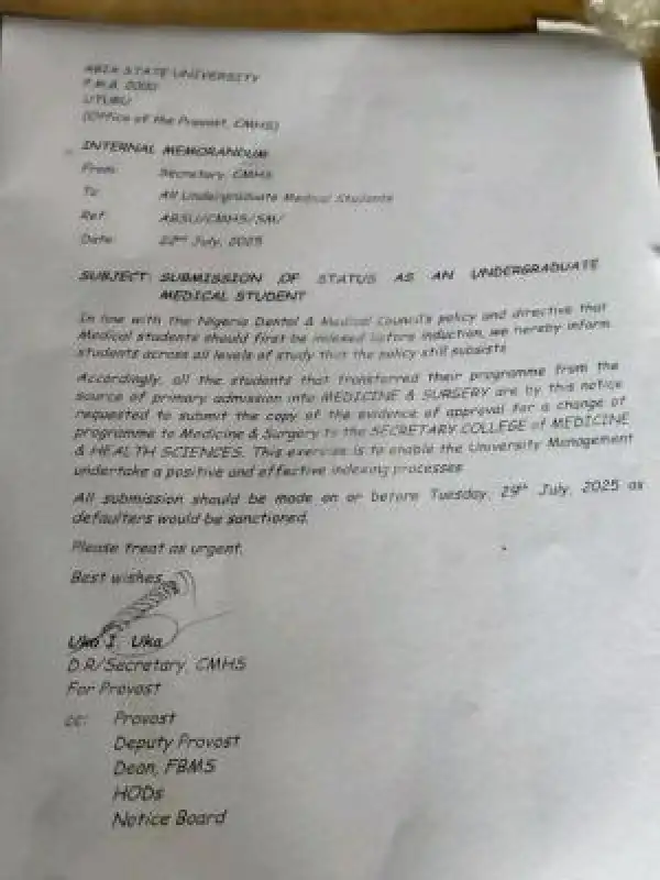 ABSU notice to students who were transferred to MBBS from other programmes