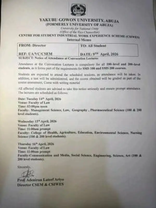 UNIABUJA notice to 100 and 300 level on attendance of convocation lectures