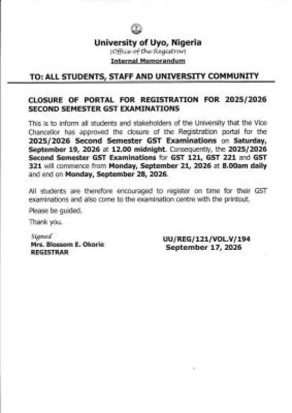 UNIUYO deadline for 2nd semester GST exam is September 19th