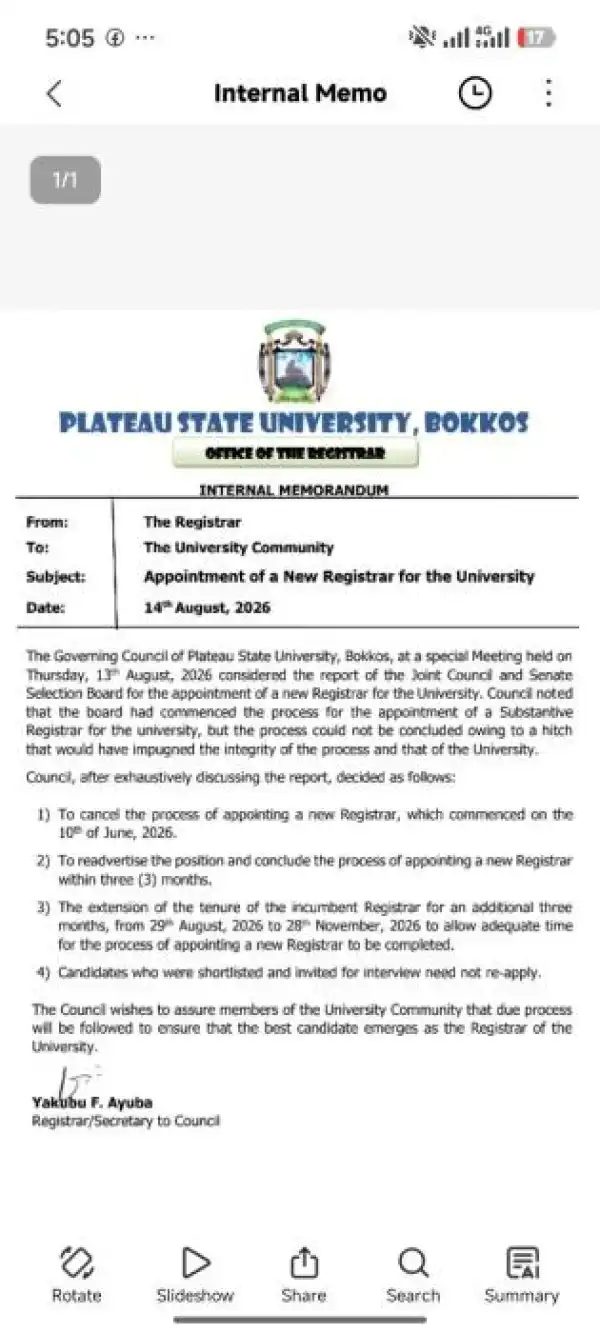 PLASU update on appointment of new Registrar