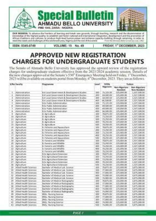 ABU approved new undergraduate registration charges, 2023/2024
