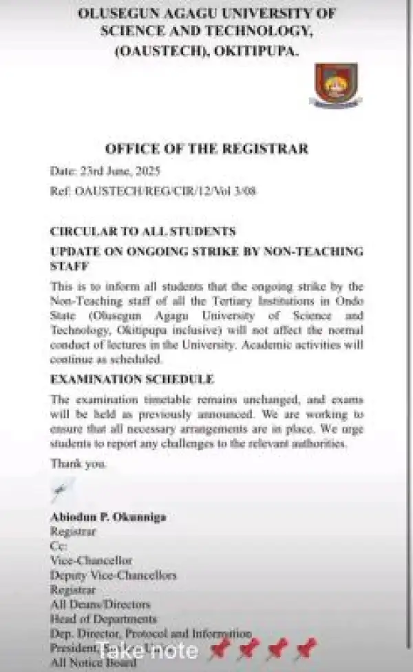 OAUSTECH issues update to students on ongoing strike by non-teaching staff