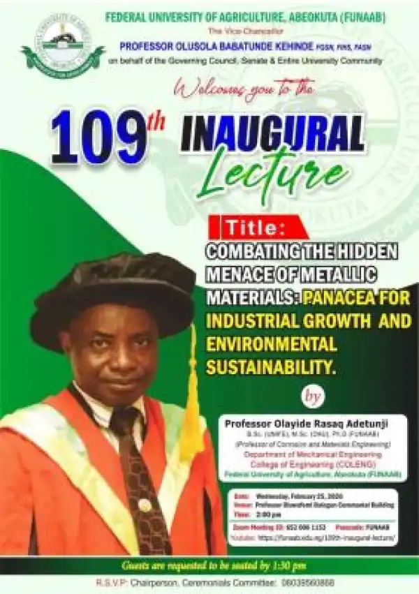 FUNAAB announces 109th Inaugural Lecture