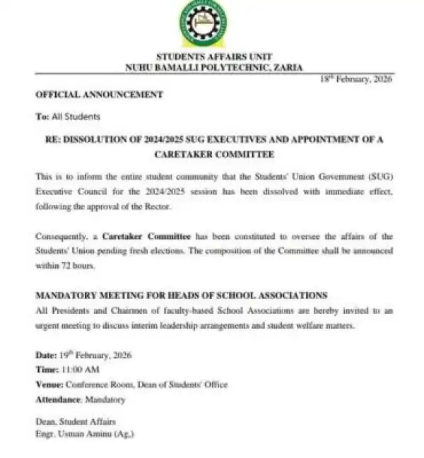 Nuhu Bamalli Polytechnic dissolves 2024/2025 SUG executives, appoints caretaker committee