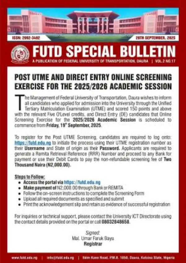 FUTD Post-UTME/DE 2025: Cut-off mark, Eligibility and Registration Details