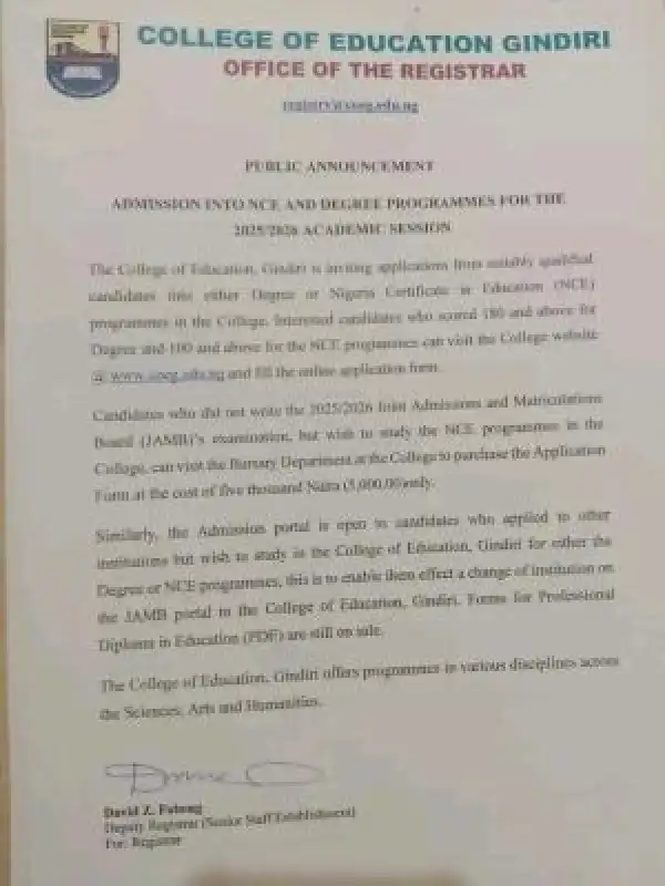 College of Education, Gindiri Degree/NCE Admission form, 2025/2026