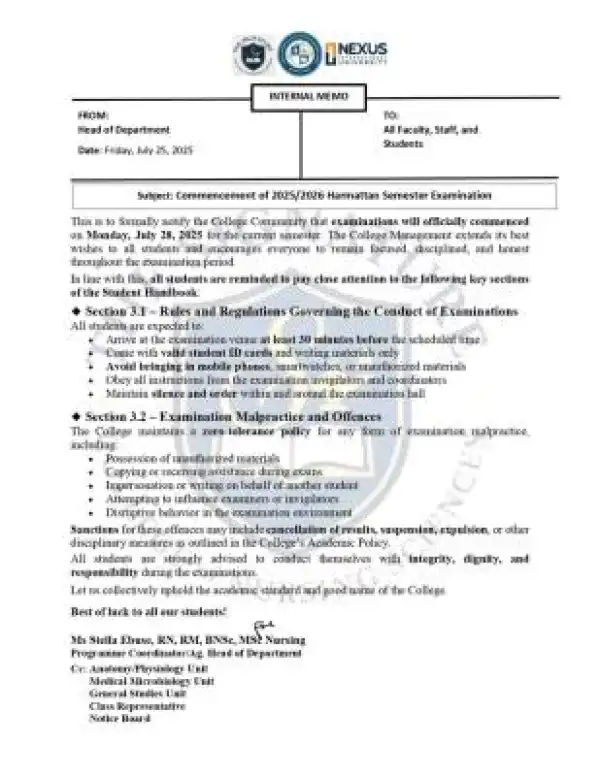 Angels Signature College of Health & Mgt. Science notice to students
