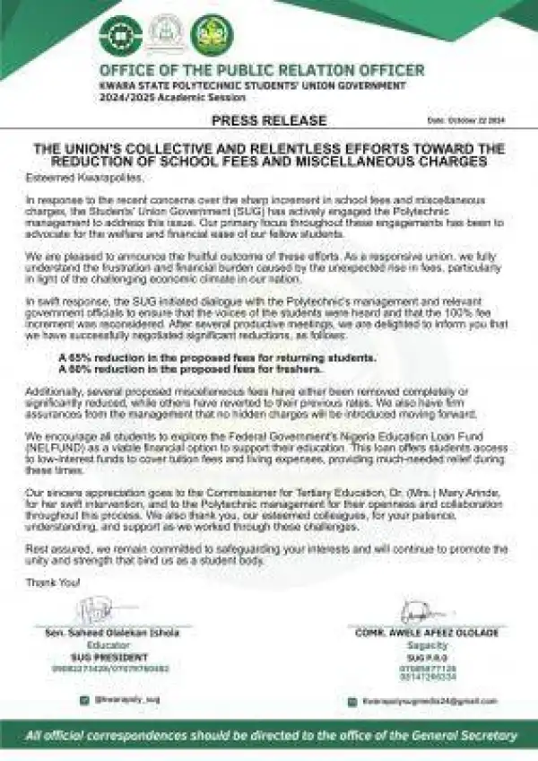 Kwara Poly SUG update on increment of school fees and miscellaneous charges