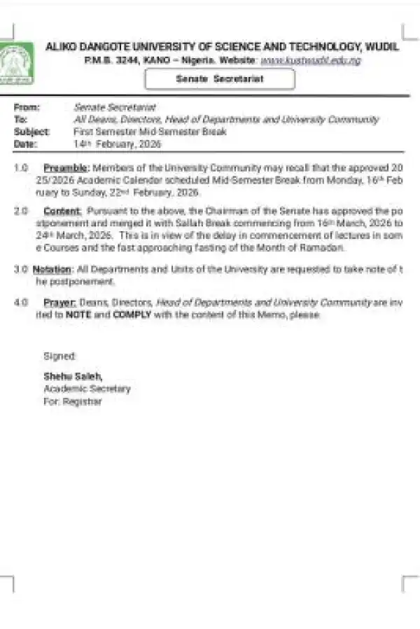 ADUSTECH postpones mid-semester break, merges It with sallah break