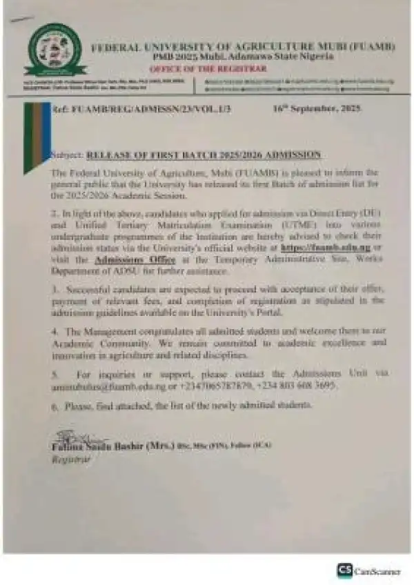 FUAMB releases 1st batch admission list, 2025/2026