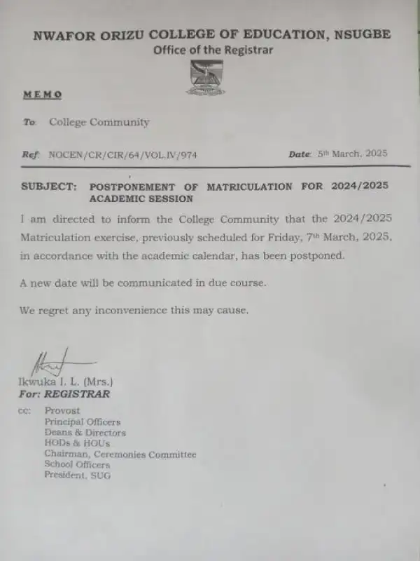 NOCEN postpones matriculation ceremony, 2024/2025