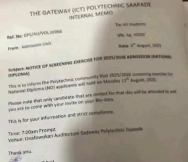 Gateway ICT Poly notice of screening exercise for ND, 2025/2026