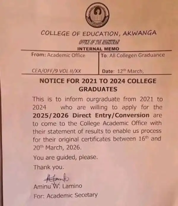 College of Education Akwanga notice to 2021–2024 Graduates