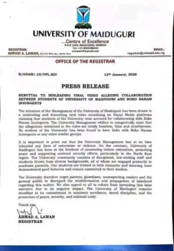 UNIMAID responds to claims of students collaborating with Boko Haram