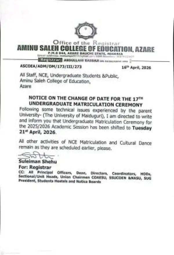 Aminu Saleh COE notice on change of date for 17th Matriculation ceremony