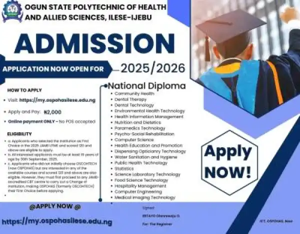 Ogun State Poly. of Health and Allied science Post UTME form, 2025/2026