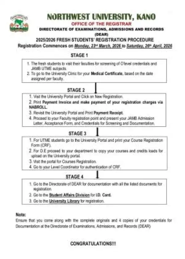 Northwest University, Kano registration procedure for fresh students, 2025/2026