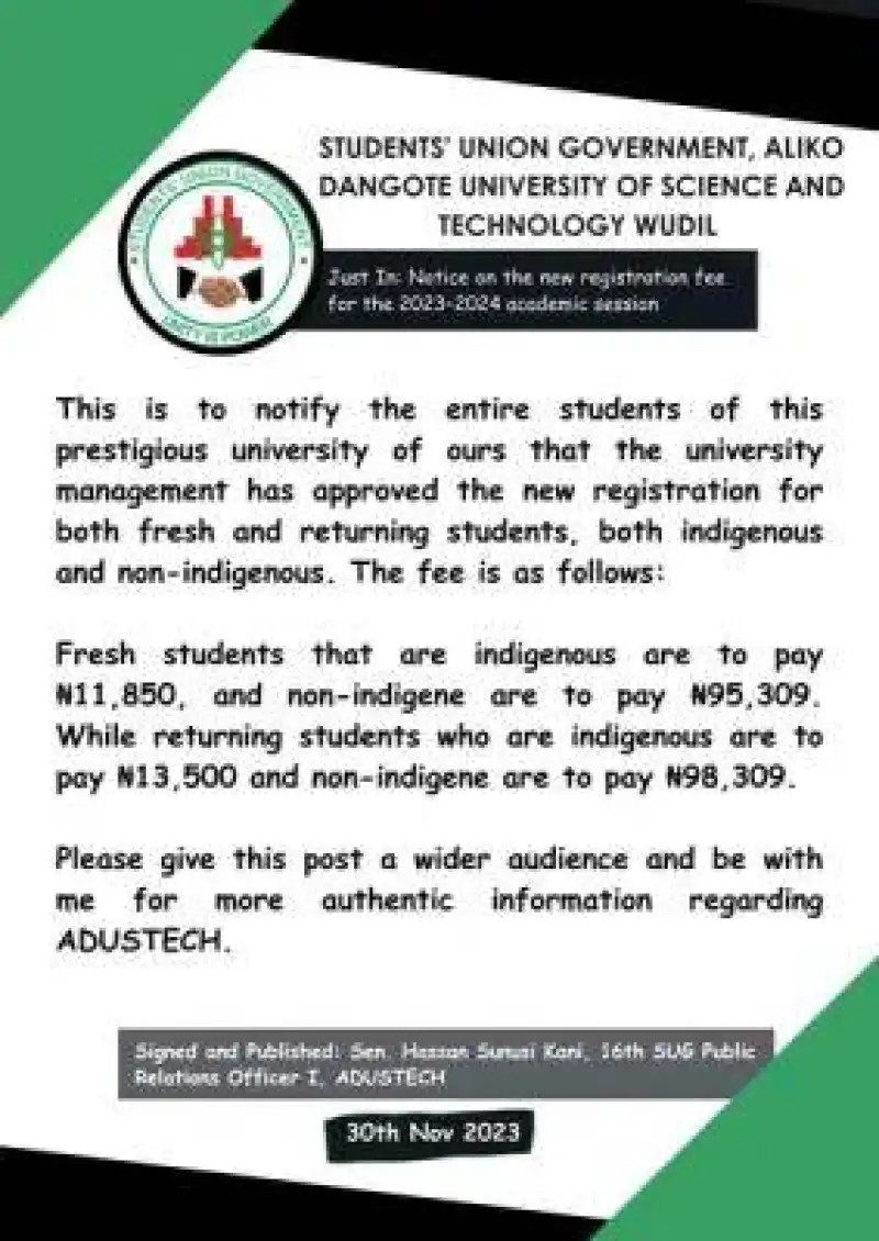 ADUSTECH SUG notice to students on the new registration fee for 2023/ ...