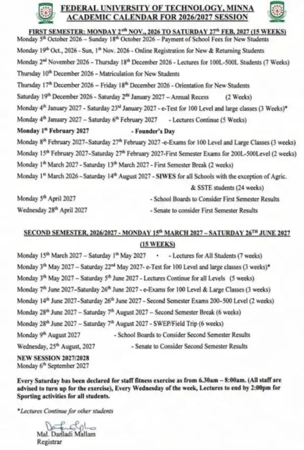 FUTMINNA academic calender 2026/2027 academic session