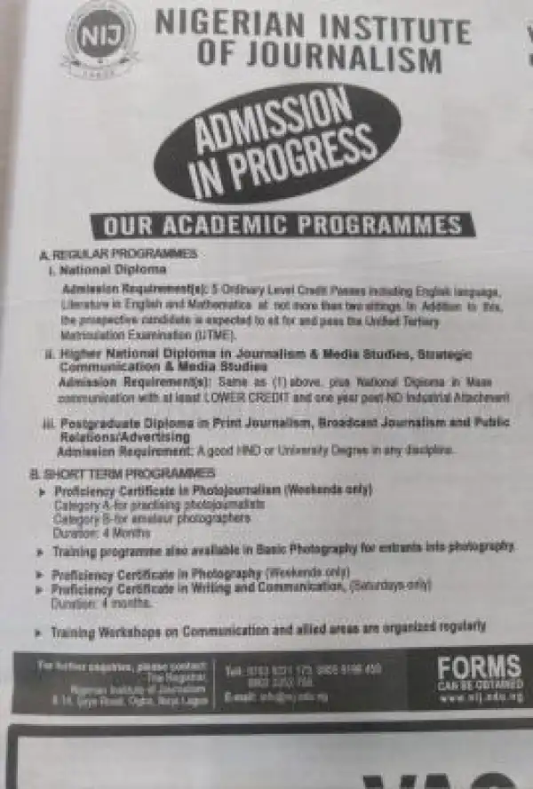 Nigerian Institute of Journalism, Lagos Admission, 2025/2026