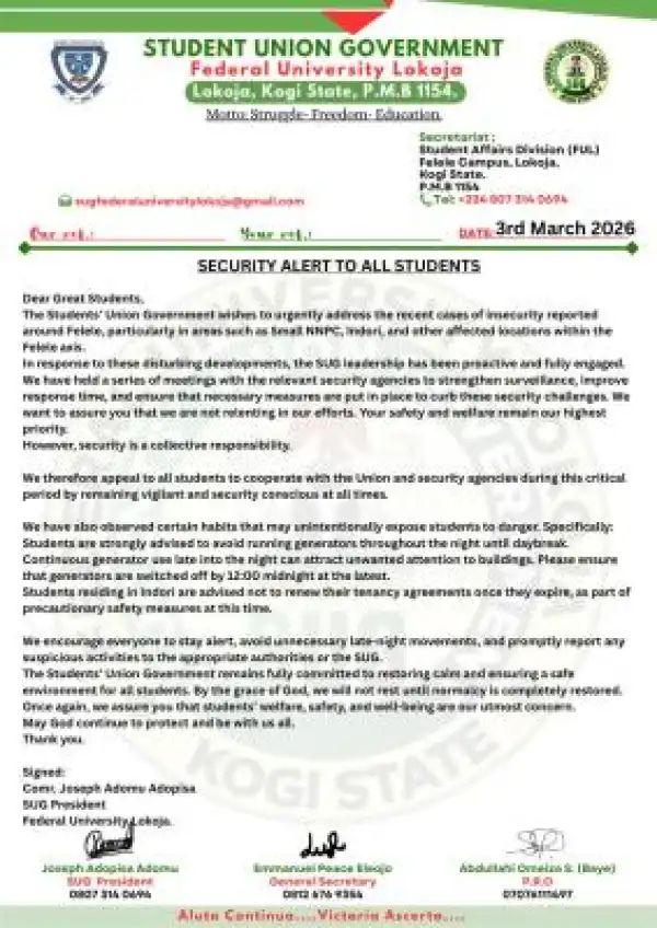 FULOKOJA SUG alerts students on insecurity