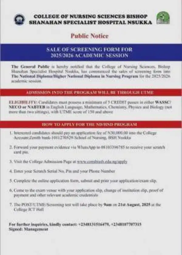 Bishop Shanahan Specialist Hospital College of Nursing Sciences, Nsukka Admission, 2025/2056