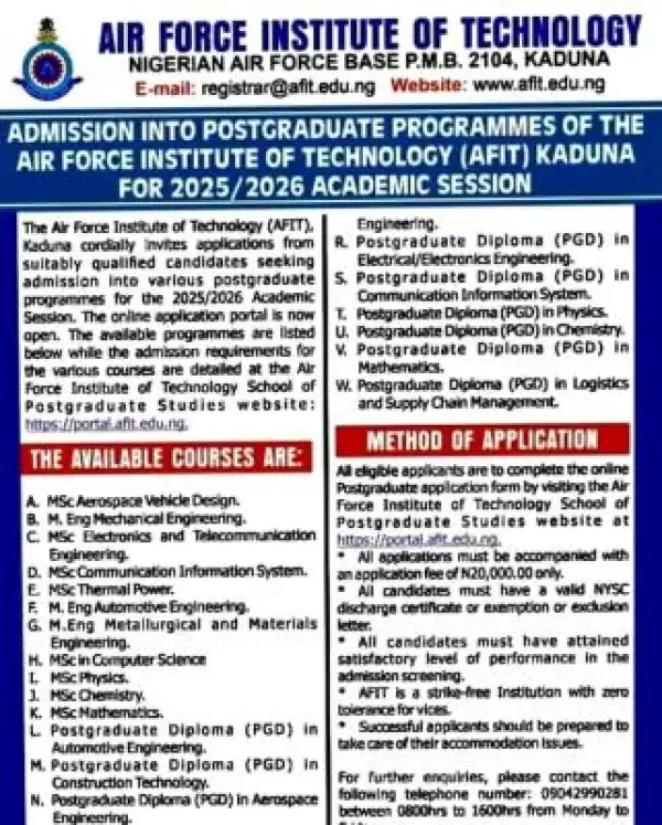 AFIT Postgraduate admission form, 2025/2026 session
