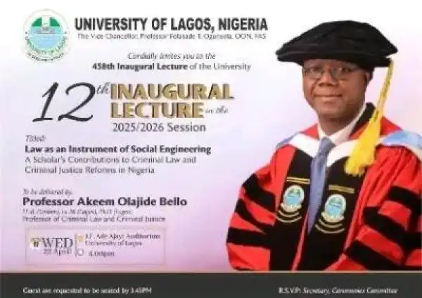 UNILAG announces 12th Inaugural Lecture of 2025/2026 Session
